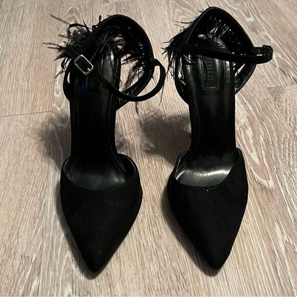 Black Feather Heel Pointed toe Ankle Strap 5” Stiletto Party Whimsigoth Goth 7.5 - Picture 5 of 10